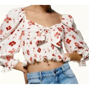 Zara Floral Puff Sleeve Blouse Top Smocked Waist Front Tie Large Boho peasant